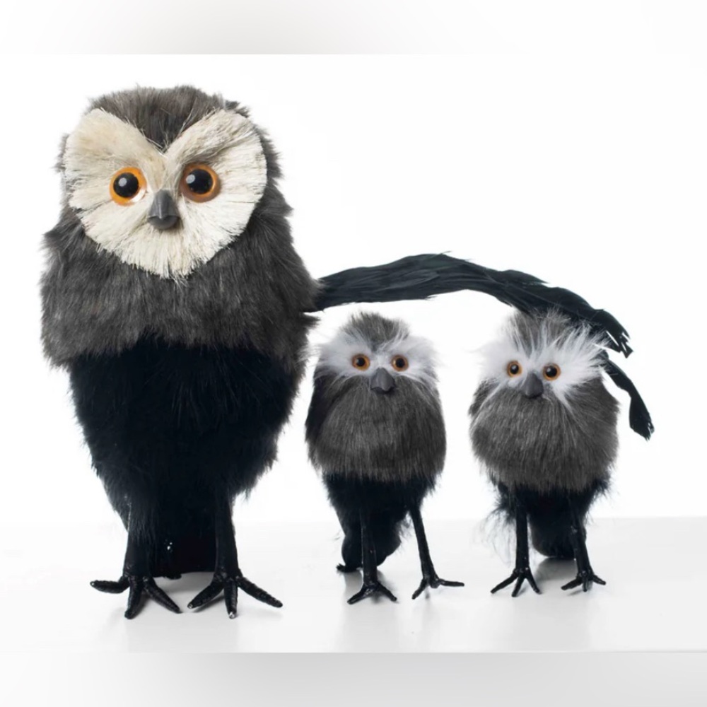 Faux Feather Owl & Children (3 pieces)